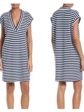 SOLD $245 100% Cotton ATM Navy and White Striped V-Neck Cap Sleeve Tunic Dress